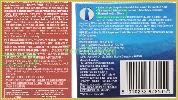 Size bao cao su Durex thường được ghi phía sau của hộp